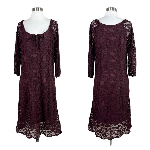 Garnet Hill | Boheme Plum Brown Lace Easy Tie Scoop Neck 3/4 Sleeve Dress 12 EUC - Picture 10 of 10